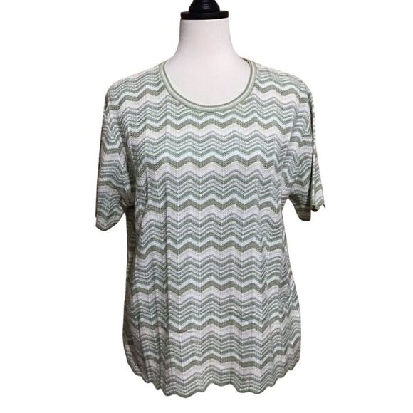 Alfred Dunner Short Sleeve Green Chevron Striped Thin Knit Sweater L - Picture 1 of 6